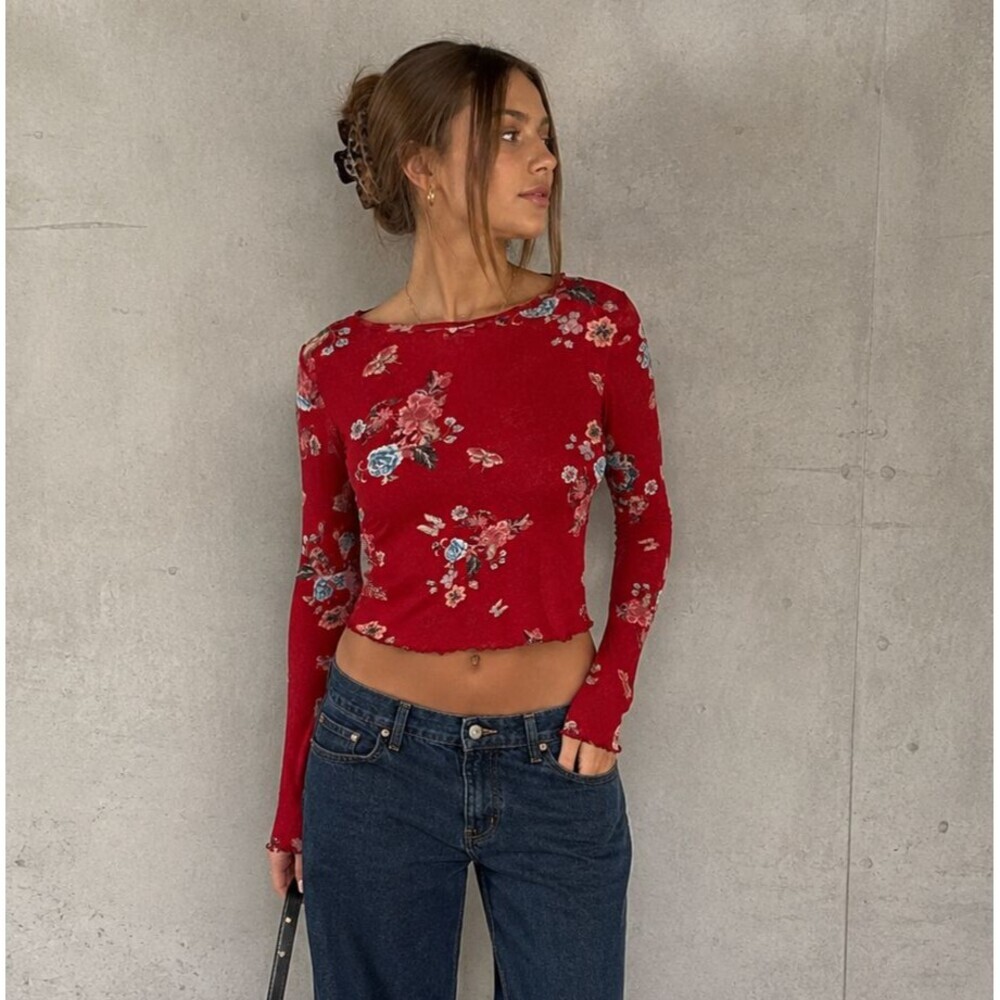 Y2K Floral Mesh Cropped Long Sleeve Top M/L Red Lettuce Hem Semi Sheer Romantic